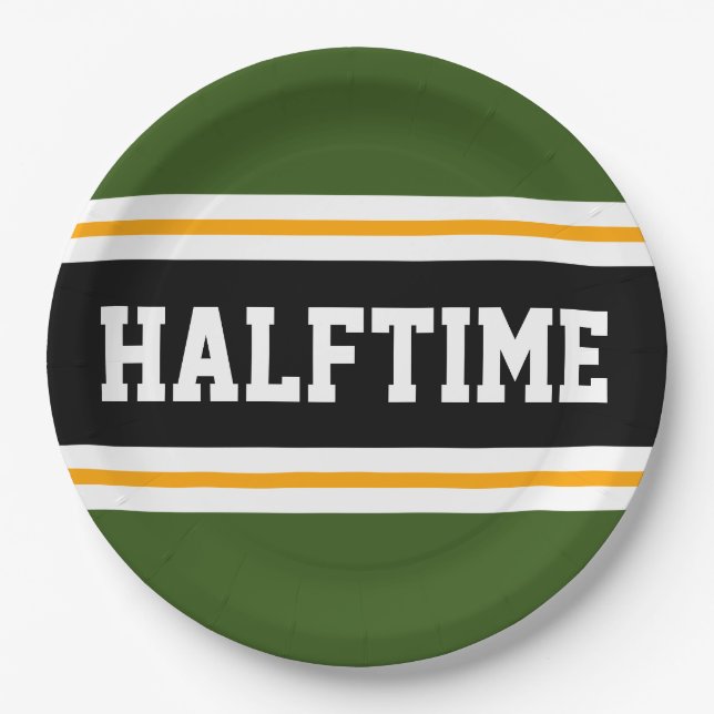 HALFTIME Forest Green Black White Yellow Stripes Paper Plate (Front)