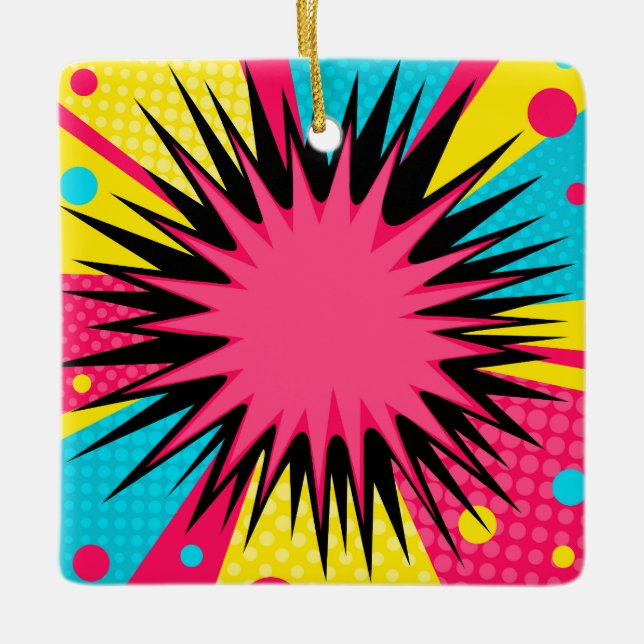 Halftone Comic Starburst Border Ceramic Ornament (Front)