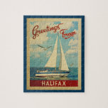 Halifax Sailboat Vintage Travel Canada Jigsaw Puzzle<br><div class="desc">This Greetings From Halifax Canada vintage travel nautical design features a boat sailing on the water with seagulls and a blue sky filled with gorgeous puffy white clouds.</div>