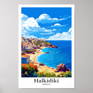 Halkidiki Greece Vintage Travel Illustration Poster