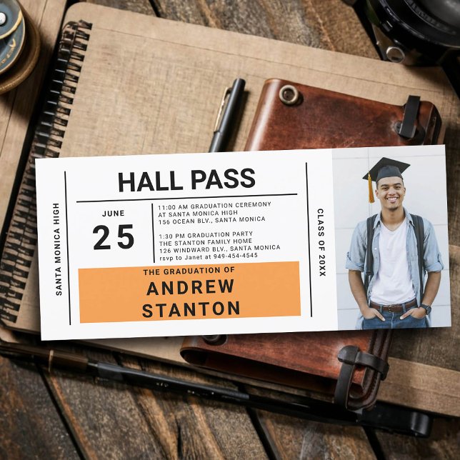 Hall Pass Grad Party Orange High School Invitation (boy graduation party ideas high school hall pass invitation template male grad diy personalized cool)