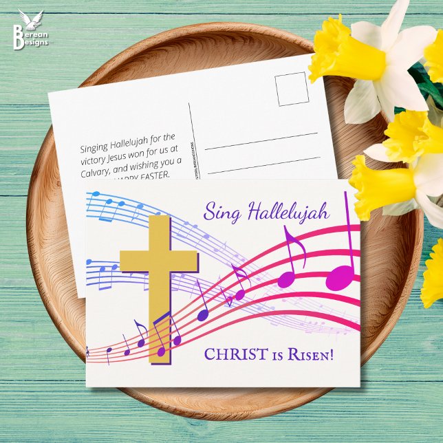 HALLELUJAH CHRIST IS RISEN Easter Postcard (SING HALLELUJAH CHRIST IS RISEN Easter postcard with Cross and music notes. Ideal for churches.)