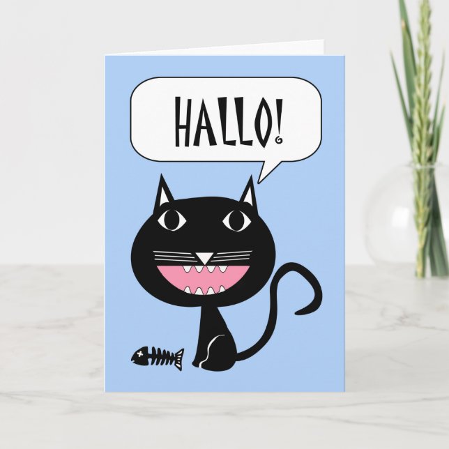 Hallo! Hello Card Written in Dutch, Cat and Fish (Front)