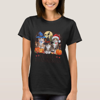 Hallo Thanksmas Festive Cats Pumpkin Witch Hat T-Shirt