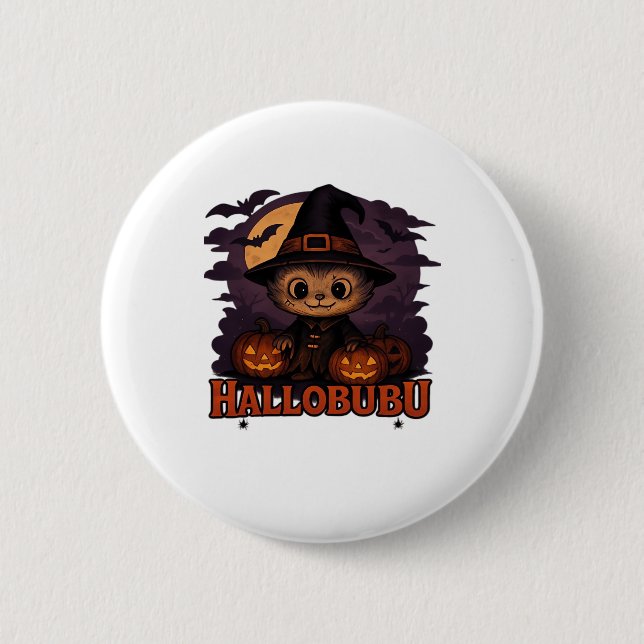 Hallobubu Halloween Cute & Spooky Witch Cat T-Shir 2 Inch Round Button (Front)