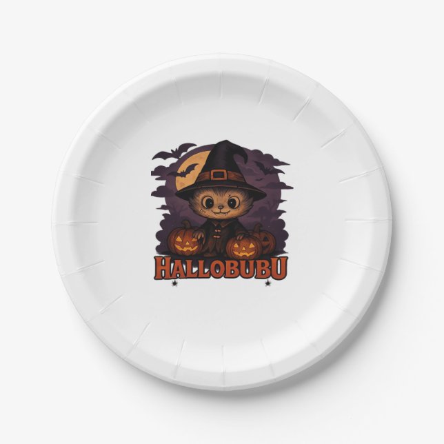 Hallobubu Halloween Cute & Spooky Witch Cat T-Shir Paper Plate (Front)