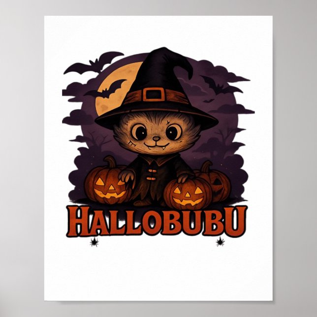 Hallobubu Halloween Cute & Spooky Witch Cat T-Shir Poster (Front)