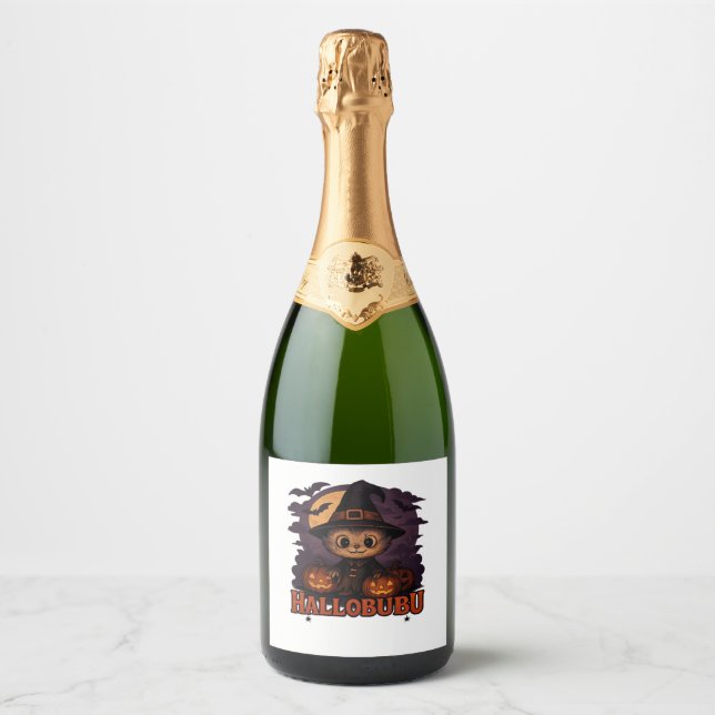 Hallobubu Halloween Cute & Spooky Witch Cat T-Shir Sparkling Wine Label (Front)