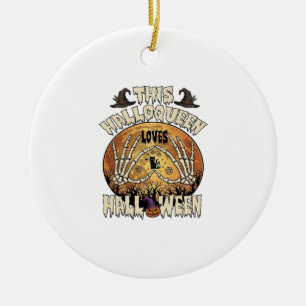 Halloqueen Loves Halloween Skeleton Hands Black Ca Ceramic Ornament