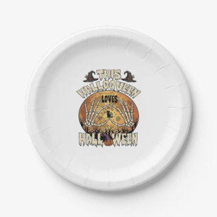 Halloqueen Loves Halloween Skeleton Hands Black Ca Paper Plate