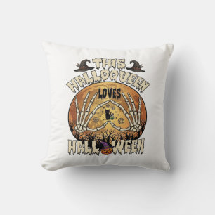 Halloqueen Loves Halloween Skeleton Hands Black Ca Throw Pillow