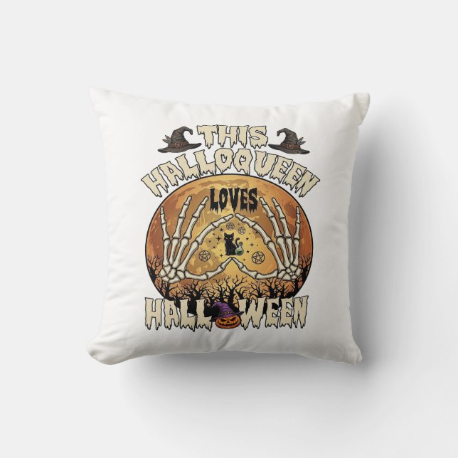 Halloqueen Loves Halloween Skeleton Hands Black Ca Throw Pillow (Front)