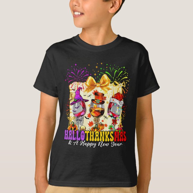 Hallothanksmas And A Happy New Year Wine Gles Fire T-Shirt (Front)