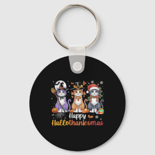 Hallothanksmas Cats Halloween Thanksgiving Christm Keychain