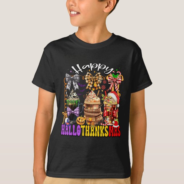 Hallothanksmas Coffee Latte Halloween Thanksgiving T-Shirt (Front)