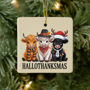 Hallothanksmas Fall Cow Spooky Season Farmer Xmas Ceramic Ornament