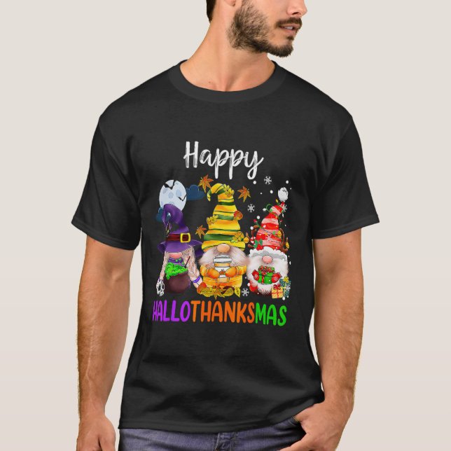 Hallothanksmas Gnomes Halloween Thanksgiving Merry T-Shirt (Front)