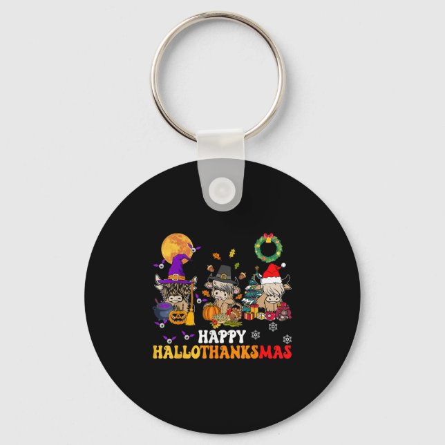 Hallothanksmas Highland Cow Halloween Christmas Th Keychain (Front)