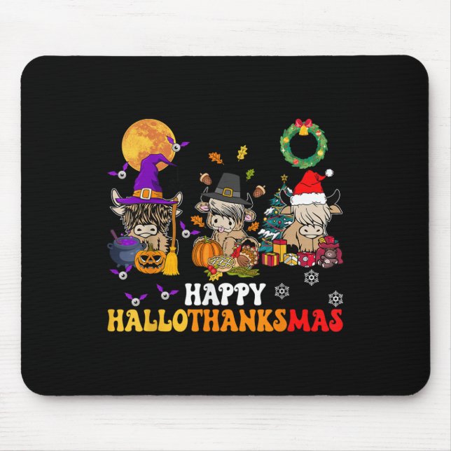 Hallothanksmas Highland Cow Halloween Christmas Th Mouse Pad (Front)