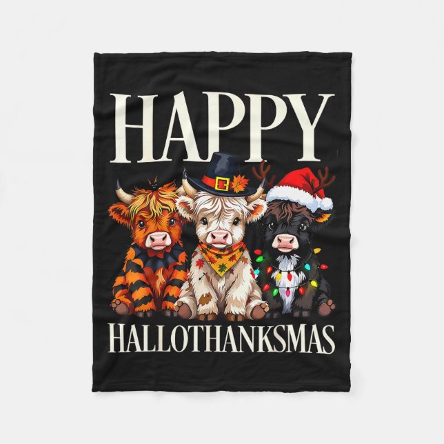 Hallothanksmas Highland Cow Halloween Thanksgiving Fleece Blanket (Front)