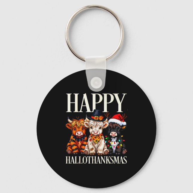 Hallothanksmas Highland Cow Halloween Thanksgiving Keychain (Front)