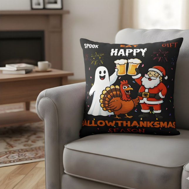Hallothanksmas Party! Ghost Turkey Santa Beer Throw Pillow (Creator Uploaded)