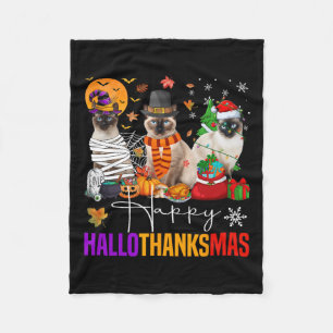 Hallothanksmas Siamese Cat Halloween Thanksgiving Fleece Blanket