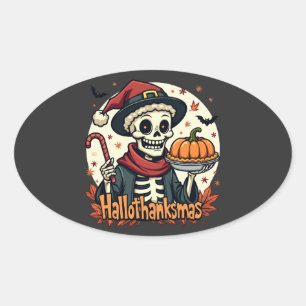 Hallothanksmas Skeleton: Pumpkin Pie & Candy Cane  Oval Sticker