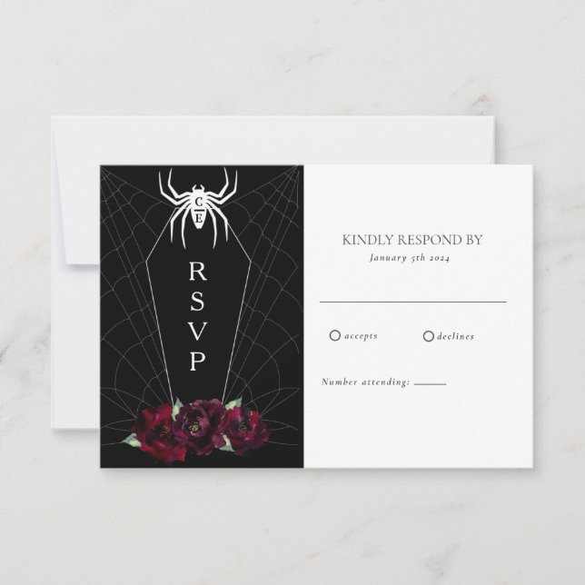 Hallowedding Spider Web Coffin Black White   RSVP  Card (Front)
