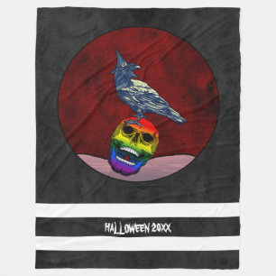 Halloween Сrow on Skull in Rainbow Flag Colors Fleece Blanket