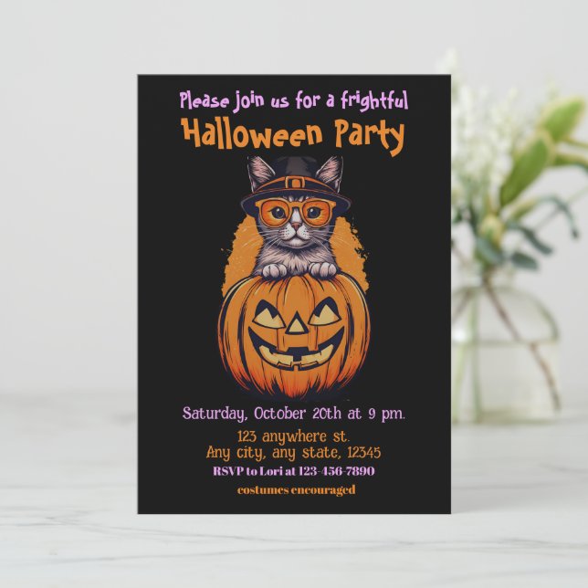 Halloween, 1 kitty, cute, fun, frightful, scary,  invitation (Standing Front)