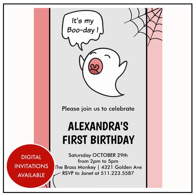 Halloween 1er anniversaire invitations fantôme liv (Halloween 1st birthday invitations ghost boo 1)