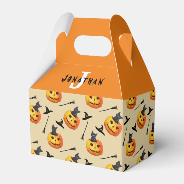 Halloween 1st Birthday Cute Black Cat Monogram Favor Box (Front Side)