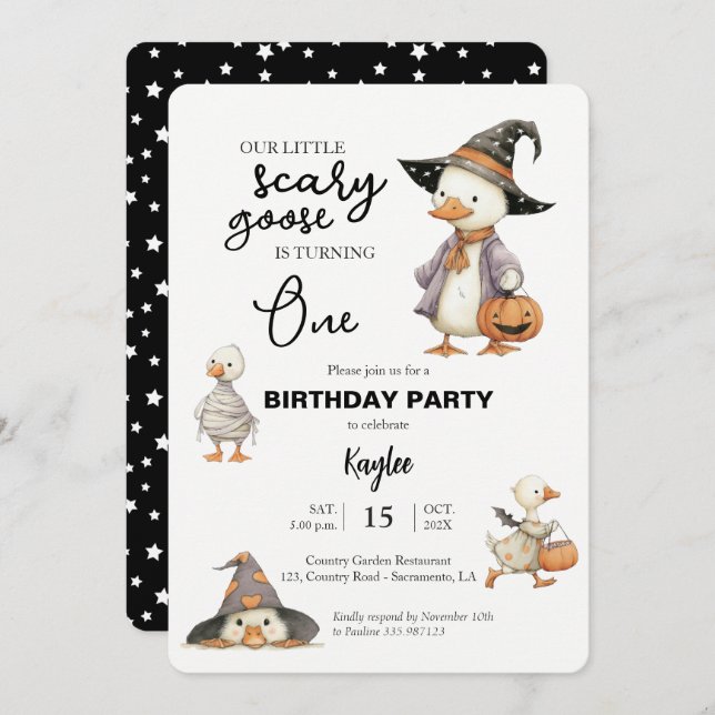 Halloween 1st Birthday goose witch invitation (Front/Back)