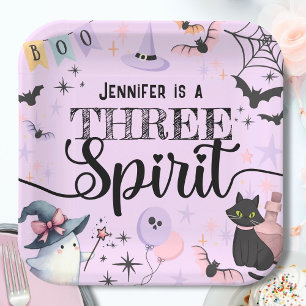 Halloween 3rd Birthday Girl Pink Three Spirit  Paper Plate