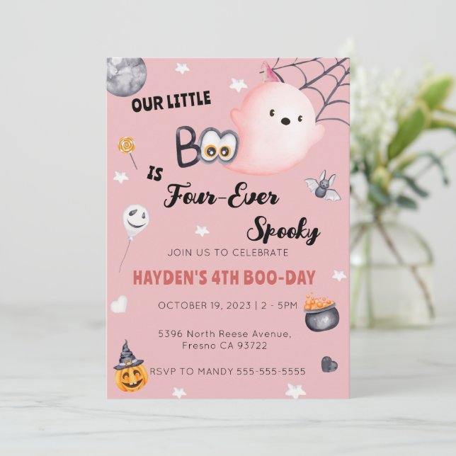 Halloween 4th Birthday Girl Four Ever Spooky Invitation (Standing Front)