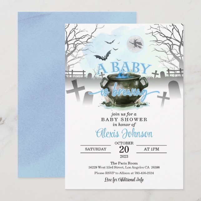 Halloween A Baby is Brewing Baby Shower Blue Invitation (Front/Back)