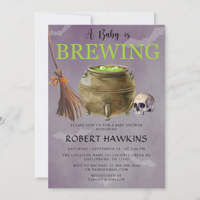 Halloween A Baby is Brewing Baby Shower Invitation (Front)
