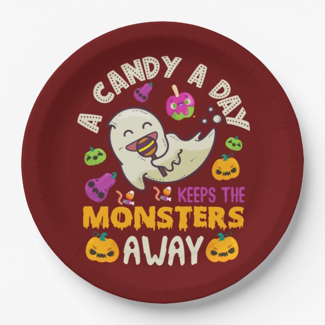 Halloween A Candy A Day Keeps The Monsters Away   Paper Plate (Front)