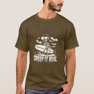 Halloween A Skeleton Surfboard with Bats Flying T-Shirt