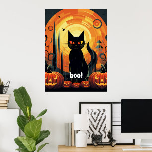 Halloween Abstract Black Cat and Pumpkin Design Poster