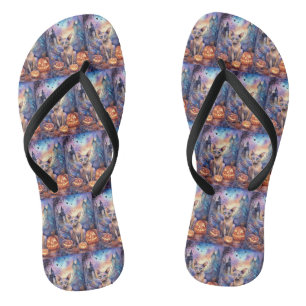 Halloween Abyssinian Cat With Pumpkin Scary Flip Flops