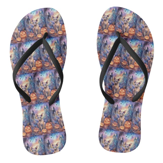 Halloween Abyssinian Cat With Pumpkin Scary Flip Flops (Footbed)