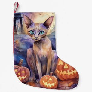 Halloween Abyssinian Cat With Pumpkin Scary Small Christmas Stocking