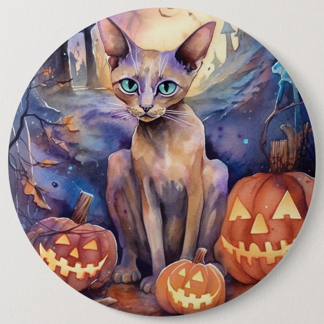 Halloween Abyssinian Cat With Pumpkins Scary 6 Inch Round Button (Front)