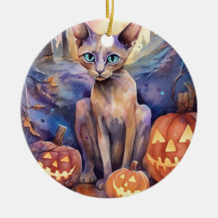 Halloween Abyssinian Cat With Pumpkins Scary Ceramic Ornament