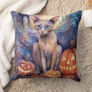 Halloween Abyssinian Cat With Pumpkins Scary Throw Pillow