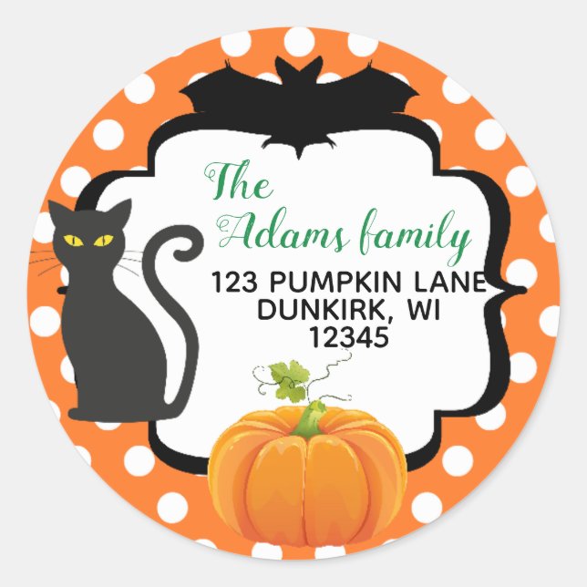 Halloween Address Label with cat pumpkin and bat (Front)