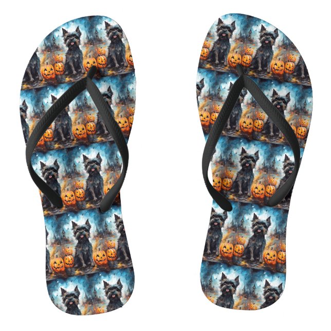 Halloween Affenpinscher With Pumpkins Scary Flip Flops (Footbed)