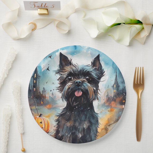Halloween Affenpinscher With Pumpkins Scary Paper Plate (Wedding)